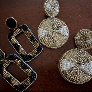 2 Pair of Elegant Beaded Earrings - Black, Gold, and White